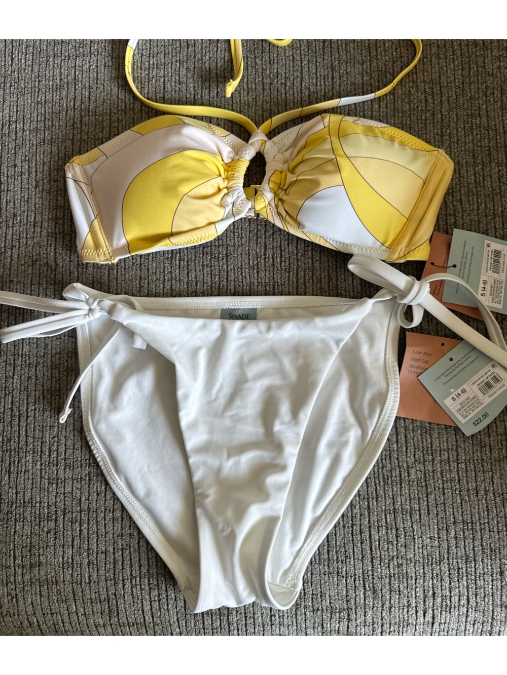 Shade & Shore Yellow Patterned Bandeau Top with White Tie-Side Bottoms